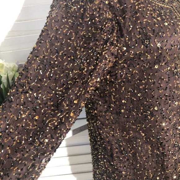 Vintage 90s 100% Silk Gold Beaded Sequin Brown Blazer Blouse Size Small - Picture 5 of 12